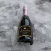 Custom anniversary champagne label, gold elegance on premium black matte paper