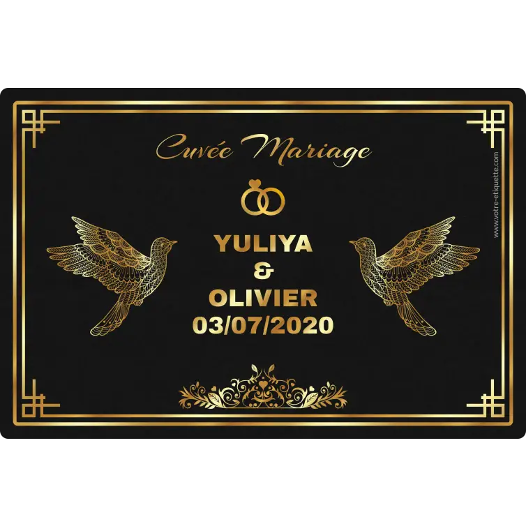 Étiquette personnalisée mariage élégante, noir mat et doré, pour cuvée unique