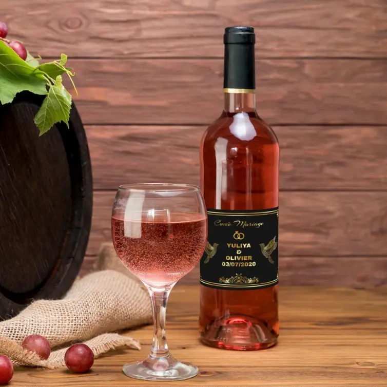 Custom wedding label, elegant matte black and gold, for unique cuvée