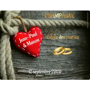 custom country wedding label, red heart on wood and gold rings