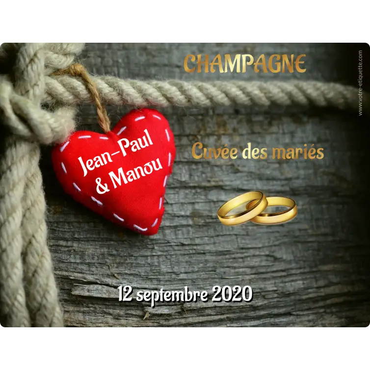 Étiquette personnalisée mariage champêtre, cœur rouge sur bois et anneaux dorés