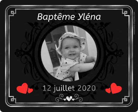Custom baptism label, elegant photo and hearts on matte black background