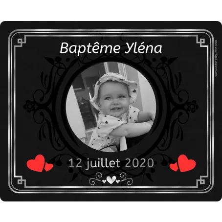 Custom baptism label, elegant photo and hearts on matte black background