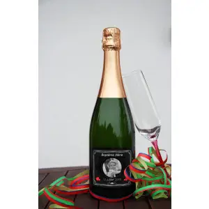 custom baptism label, elegant photo and hearts on matte black background