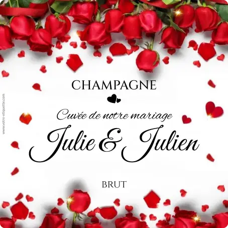 Étiquette personnalisée mariage roses rouges, élégance carrée pour cuvée spéciale