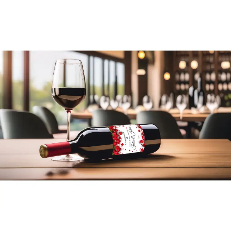 Custom wedding label with red roses, square elegance for special cuvée