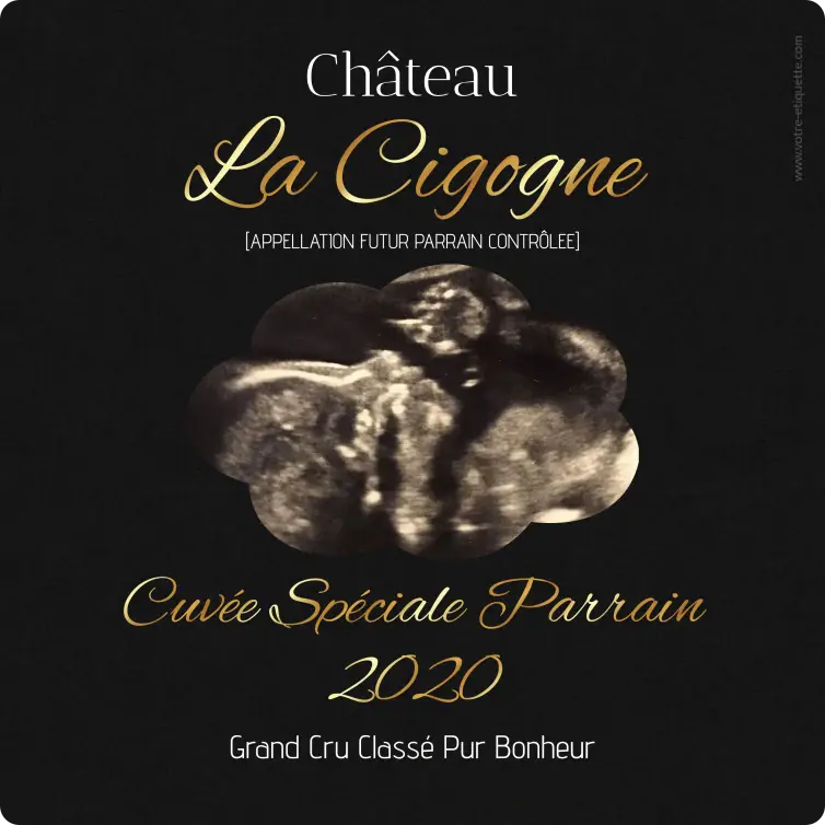 Custom godparent label, elegant matte black and gold, for special cuvée