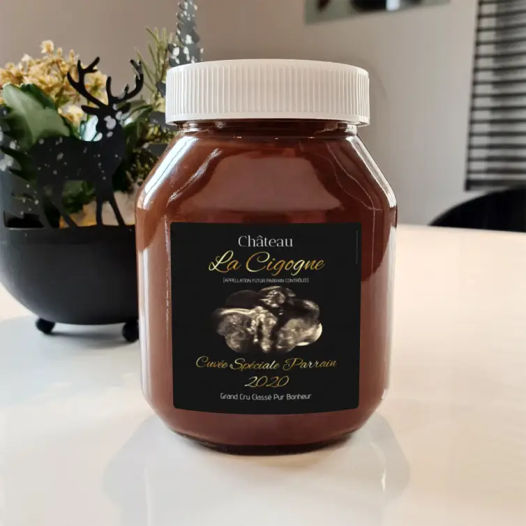 Custom godparent label, elegant matte black and gold, for special cuvée