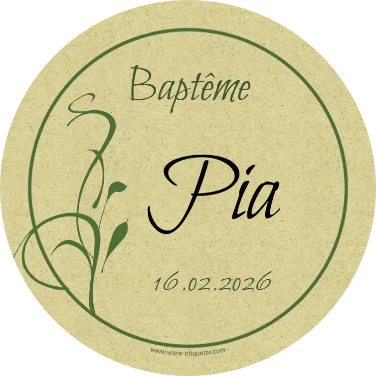 Custom round baptism label, natural and elegant design