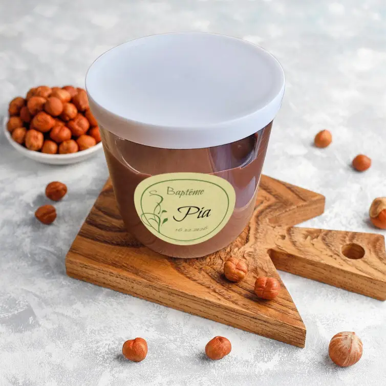 Custom round baptism label, natural and elegant design