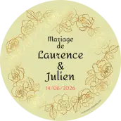 Étiquette personnalisée mariage ronde, fleurs dorées et papier bagasse