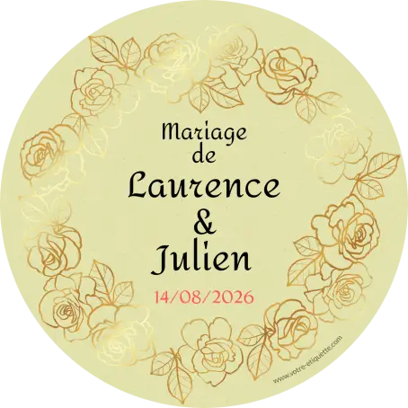 Étiquette personnalisée mariage ronde, fleurs dorées et papier bagasse