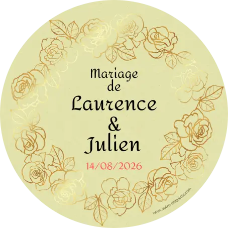 Étiquette personnalisée mariage ronde, fleurs dorées et papier bagasse