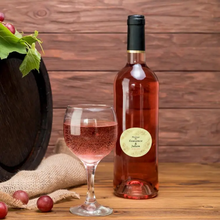 Étiquette personnalisée mariage ronde, fleurs dorées et papier bagasse