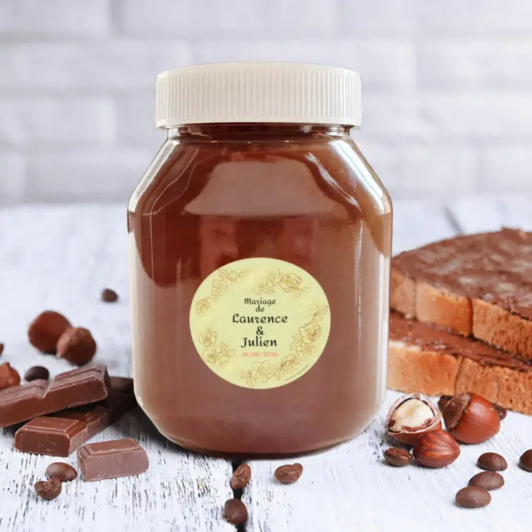 Étiquette personnalisée mariage ronde, fleurs dorées et papier bagasse