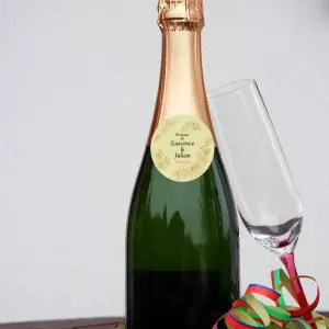 custom round wedding label, golden flowers on bagasse paper