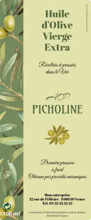 Étiquette personnalisée huile d’olive, élégance nature sur format vertical
