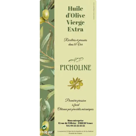 Étiquette personnalisée huile d’olive, élégance nature sur format vertical