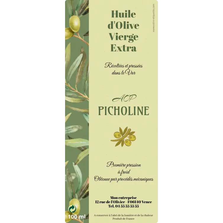 Étiquette personnalisée huile d’olive, élégance nature sur format vertical