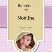 Étiquette autocollante personnalisée pour baptême fille – modèle avec photo et fond rose à pois
