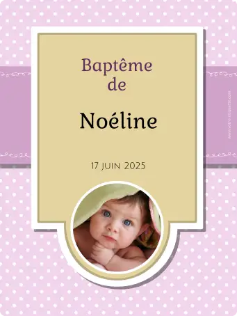 Étiquette autocollante personnalisée pour baptême fille – modèle avec photo et fond rose à pois