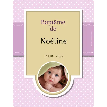 Étiquette autocollante personnalisée pour baptême fille – modèle avec photo et fond rose à pois