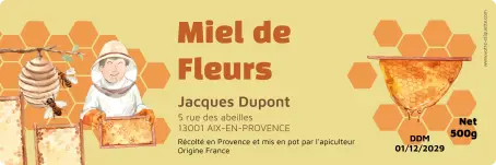 Étiquette personnalisée pour miel de fleurs, design apiculteur et miel doré
