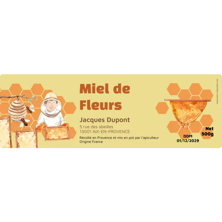 Étiquette personnalisée pour miel de fleurs, design apiculteur et miel doré