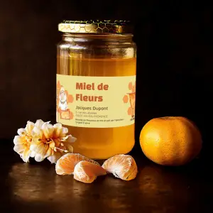 etichetta personalizzata per miele di fiori, design apicoltore e miele dorato