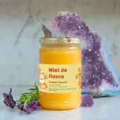 Étiquette personnalisée pour miel de fleurs, design apiculteur et miel doré