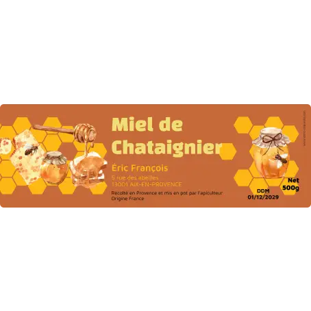 Étiquette personnalisée pour pots de miel de châtaignier design apicole premium