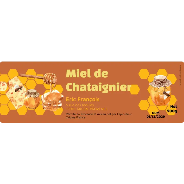 Étiquette personnalisée pour pots de miel de châtaignier Design apicole premium