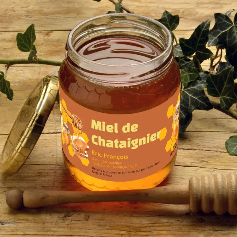 Étiquette personnalisée pour pots de miel de châtaignier Design apicole premium
