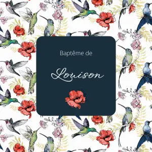 étiquette personnalisée pour baptême, motif colibris et fleurs format carré premium