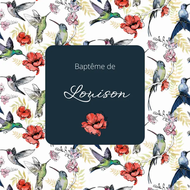 Étiquette personnalisée pour baptême, motif colibris et fleurs format carré premium