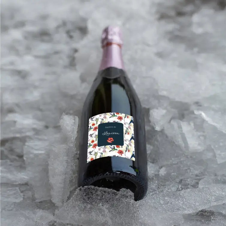 Étiquette personnalisée pour baptême, motif colibris et fleurs format carré premium