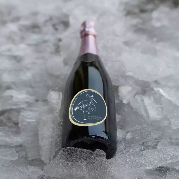 Custom birth label, stork and gentle message, round