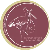 Custom round label for girl birth, stork accent