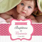 Étiquette de baptême personnalisée avec photo pour fille – Modèle rose à pois et bande rayée