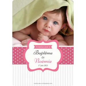 étiquette de baptême personnalisée avec photo pour fille – modèle rose à pois et bande rayée