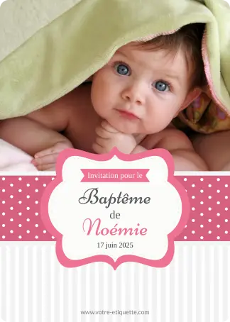 Étiquette de baptême personnalisée avec photo pour fille – modèle rose à pois et bande rayée