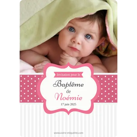Étiquette de baptême personnalisée avec photo pour fille – modèle rose à pois et bande rayée