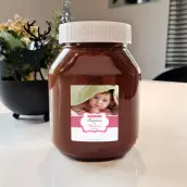 Étiquette de baptême personnalisée avec photo pour fille – Modèle rose à pois et bande rayée