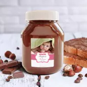 Étiquette de baptême personnalisée avec photo pour fille – Modèle rose à pois et bande rayée