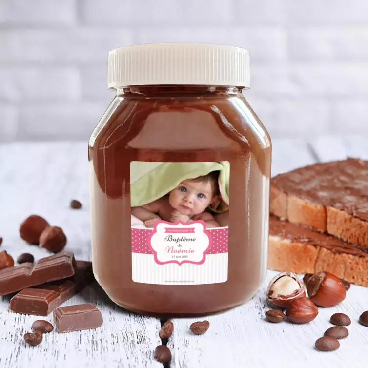 Étiquette de baptême personnalisée avec photo pour fille – Modèle rose à pois et bande rayée