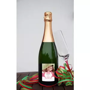 étiquette de baptême personnalisée avec photo pour fille – modèle rose à pois et bande rayée