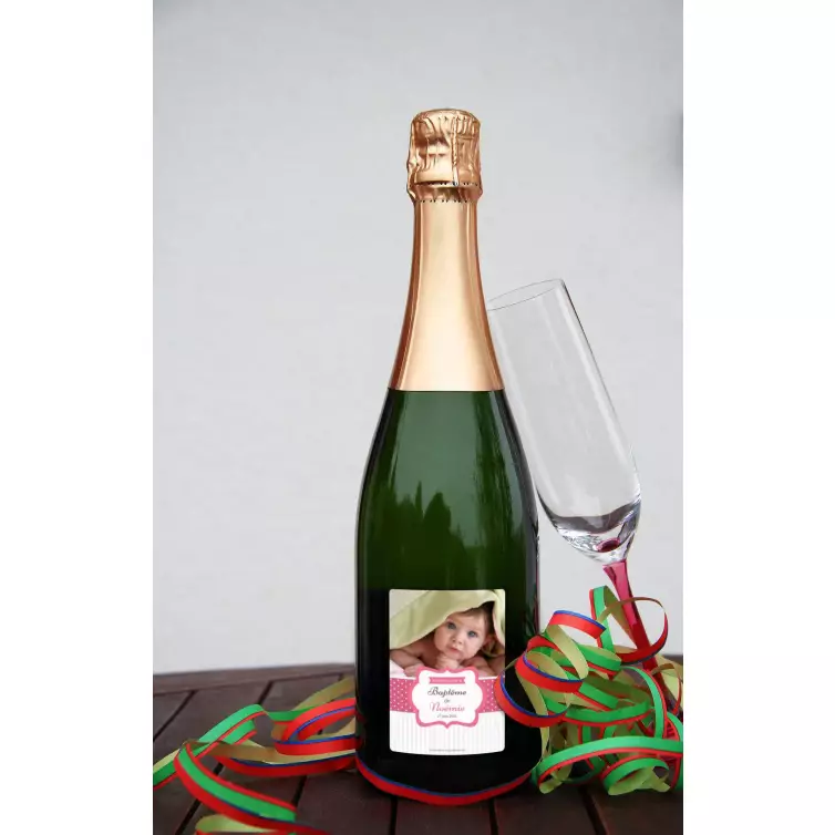 Étiquette de baptême personnalisée avec photo pour fille – Modèle rose à pois et bande rayée