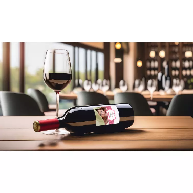 Étiquette de baptême personnalisée avec photo pour fille – Modèle rose à pois et bande rayée