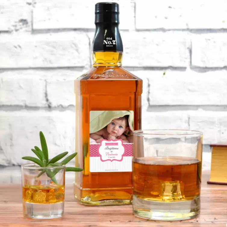 Étiquette de baptême personnalisée avec photo pour fille – Modèle rose à pois et bande rayée