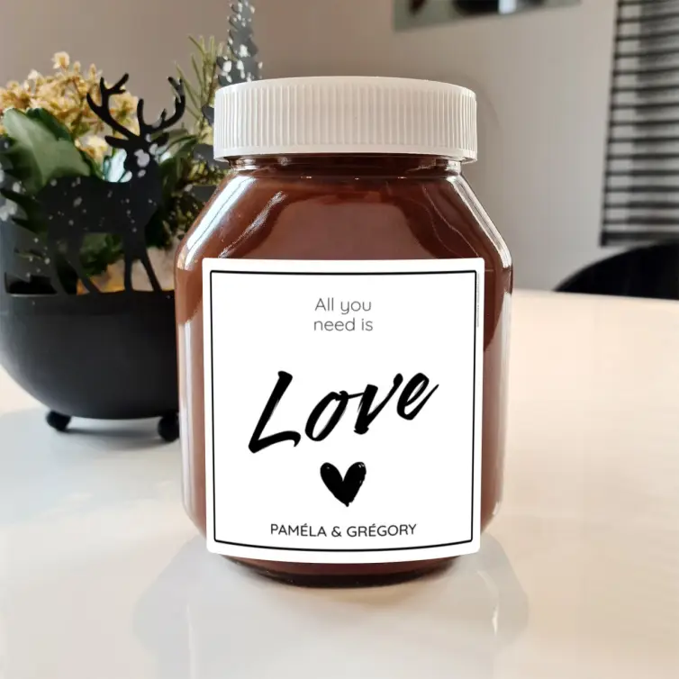 Étiquette personnalisée mariage, design Love moderne noir & blanc format carré